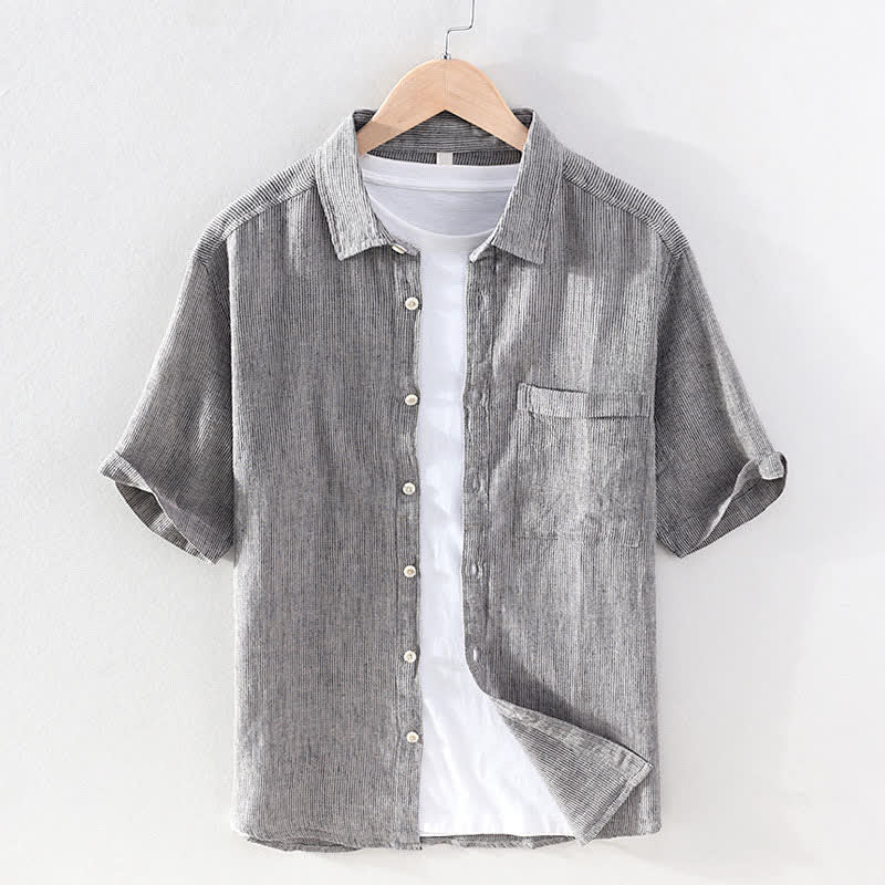 Buddha Stones Chemises d'été décontractées en lin à rayures unies pour hommes, manches courtes, avec poche plaquée - Gris clair - US/UK/AU42，EU52 (3XL) - image 7