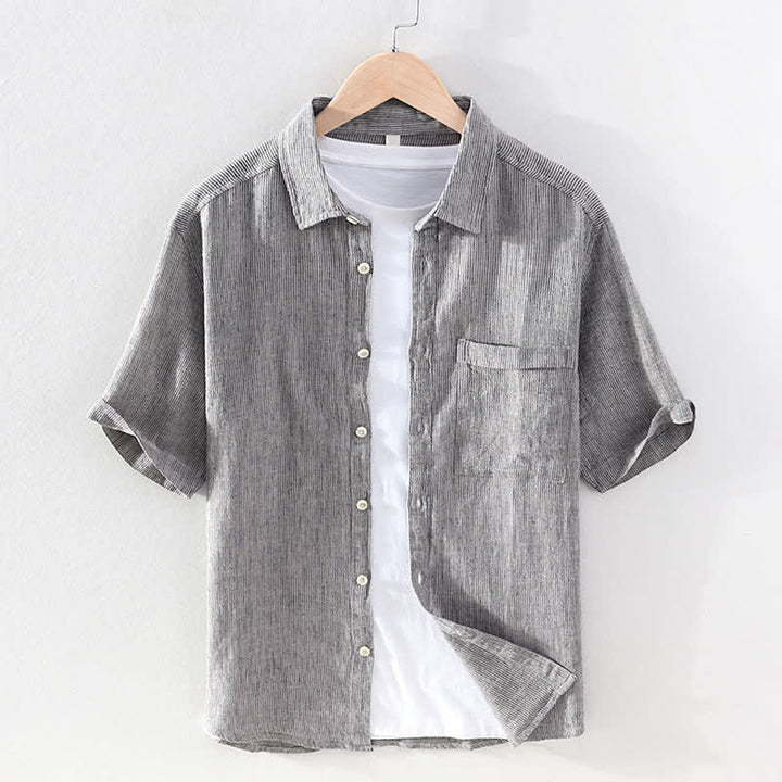 Buddha Stones Chemises d'été décontractées en lin à rayures unies pour hommes, manches courtes, avec poche plaquée - Gris clair - US/UK/AU42，EU52 (3XL) - image 7