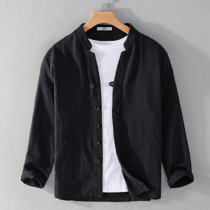 Buddha Stones Chemises à manches longues pour homme, col mandarin, en ramie unie, style décontracté printanier, avec poche - Noir - US/UK/AU42，EU52 (3XL) - image 9