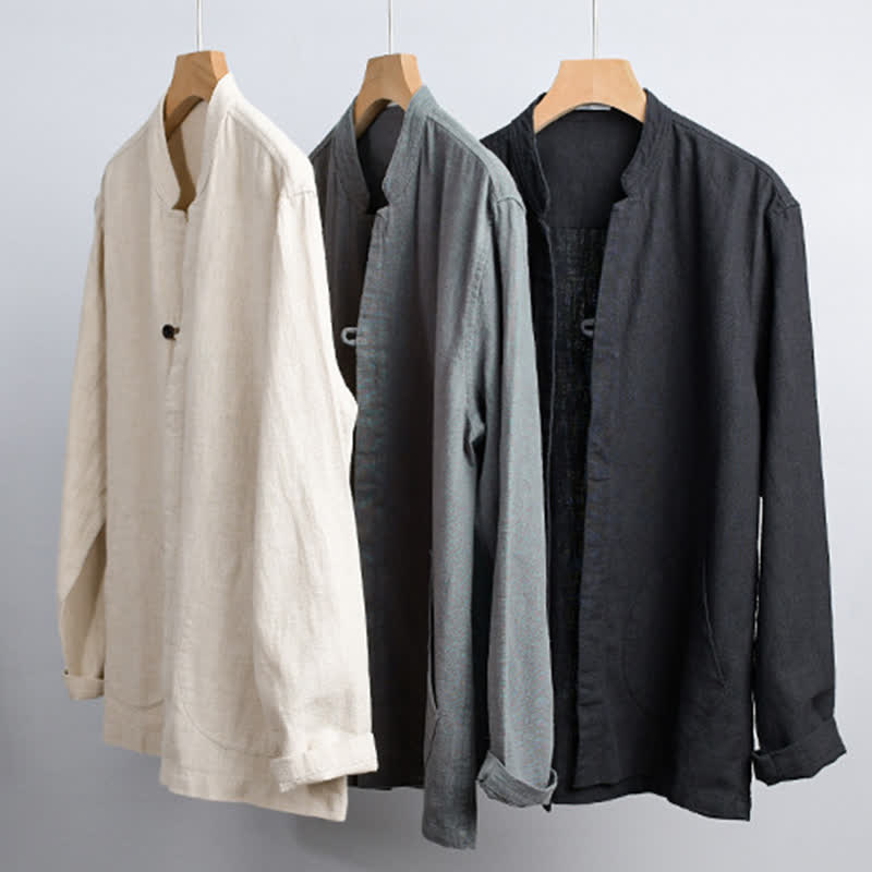 Buddha Stones Chemises à manches longues pour homme, col mandarin, en ramie unie, style décontracté printanier, avec poche - image 21