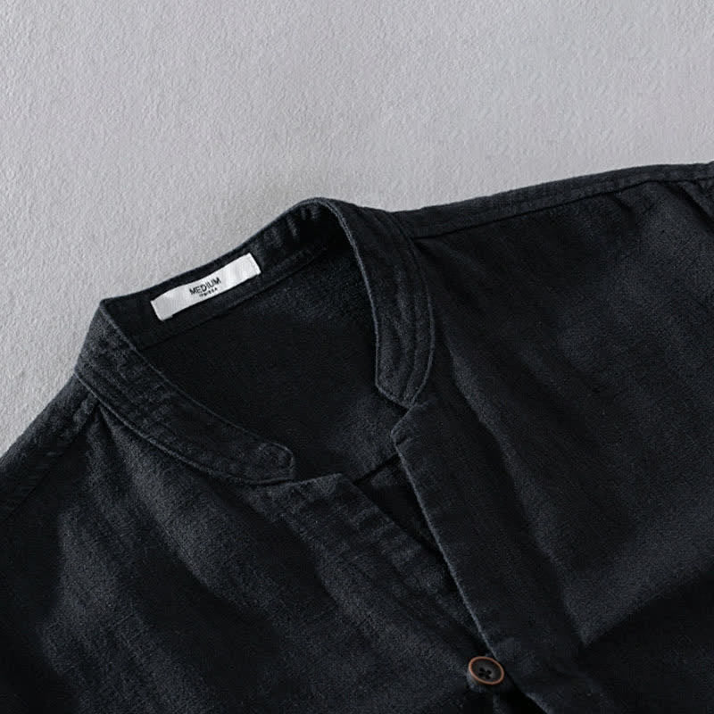 Buddha Stones Chemises à manches longues pour homme, col mandarin, en ramie unie, style décontracté printanier, avec poche - image 10