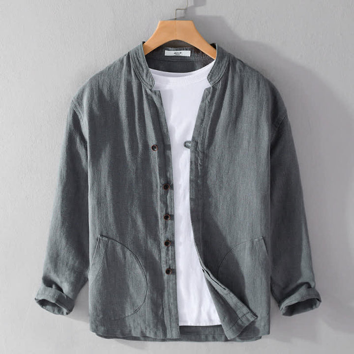 Buddha Stones Chemises à manches longues pour homme, col mandarin, en ramie unie, style décontracté printanier, avec poche - Gris sombre - US/UK/AU42，EU52 (3XL) - image 14