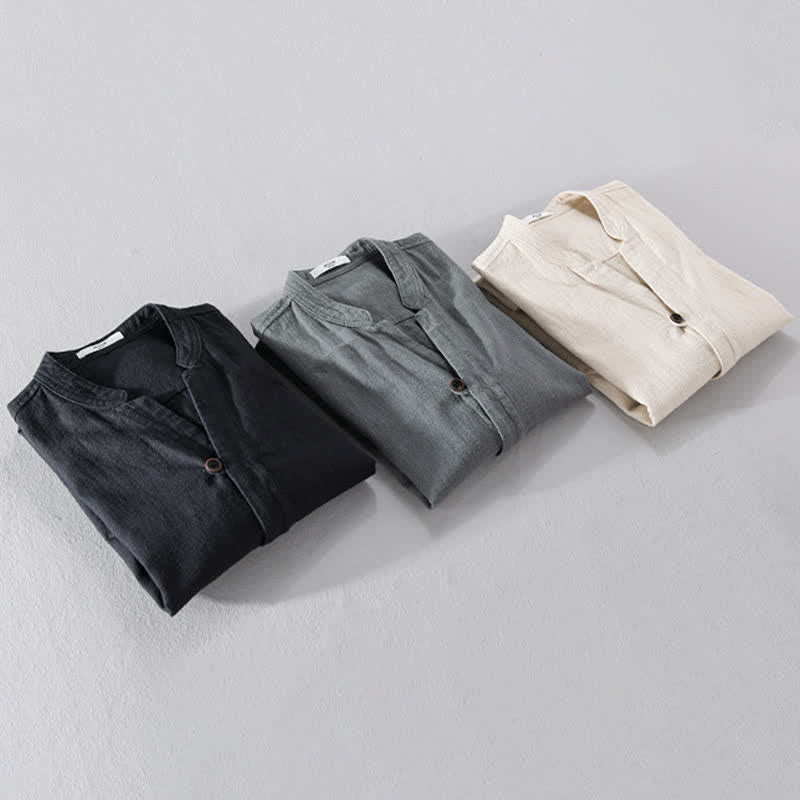 Buddha Stones Chemises à manches longues pour homme, col mandarin, en ramie unie, style décontracté printanier, avec poche - image 23