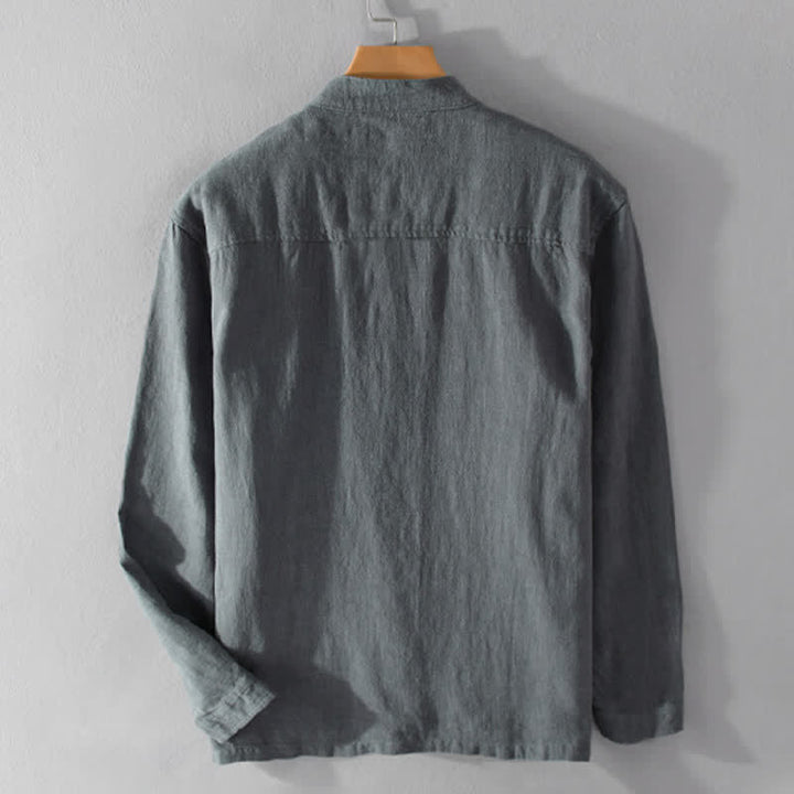 Buddha Stones Chemises à manches longues pour homme, col mandarin, en ramie unie, style décontracté printanier, avec poche - image 15