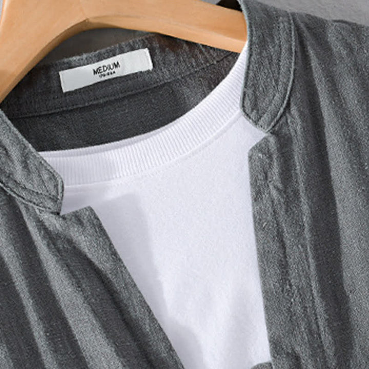 Buddha Stones Chemises à manches longues pour homme, col mandarin, en ramie unie, style décontracté printanier, avec poche - image 17