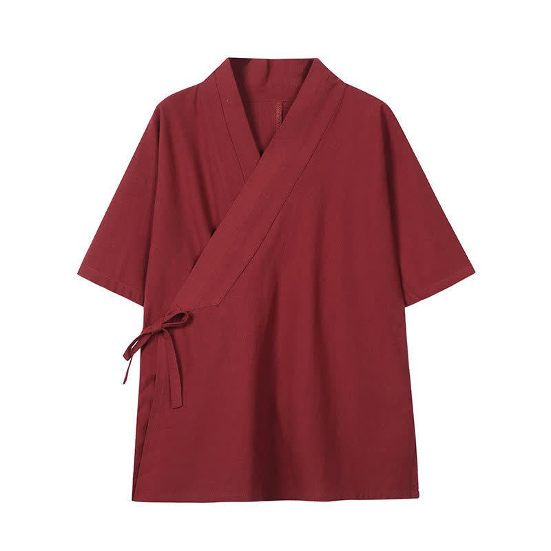 Buddha Stones Kimono minimaliste printemps-été à cordon de serrage, en coton et lin unis, pour homme - Briques réfractaires - US/UK/AU46，EU56 (5XL) - image 0