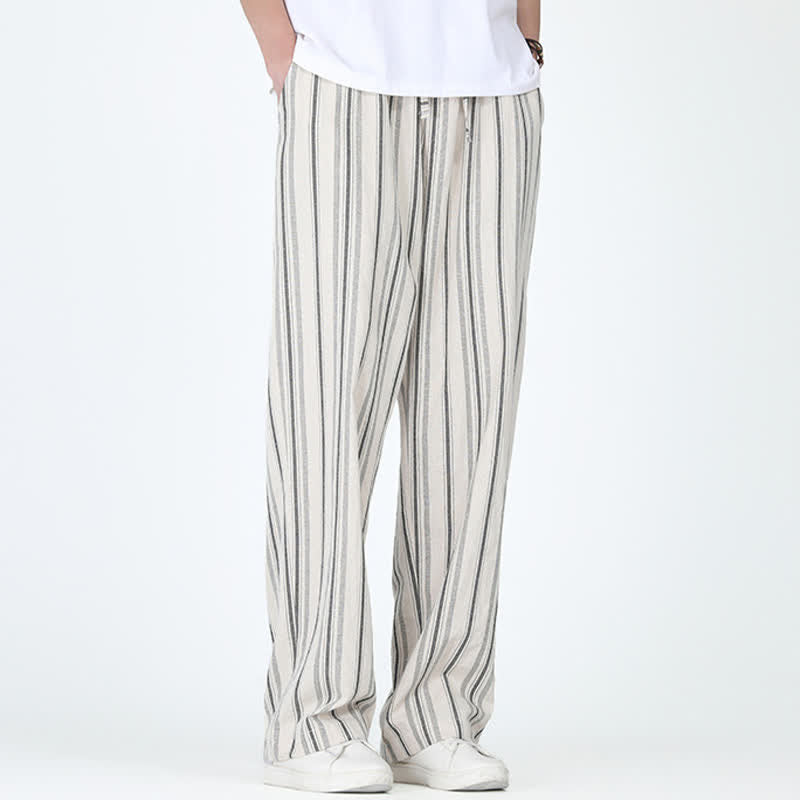 Buddha Stones Pantalon homme décontracté printemps-été, rayures verticales, coupe cheville, cordon de serrage, avec poches - image 11