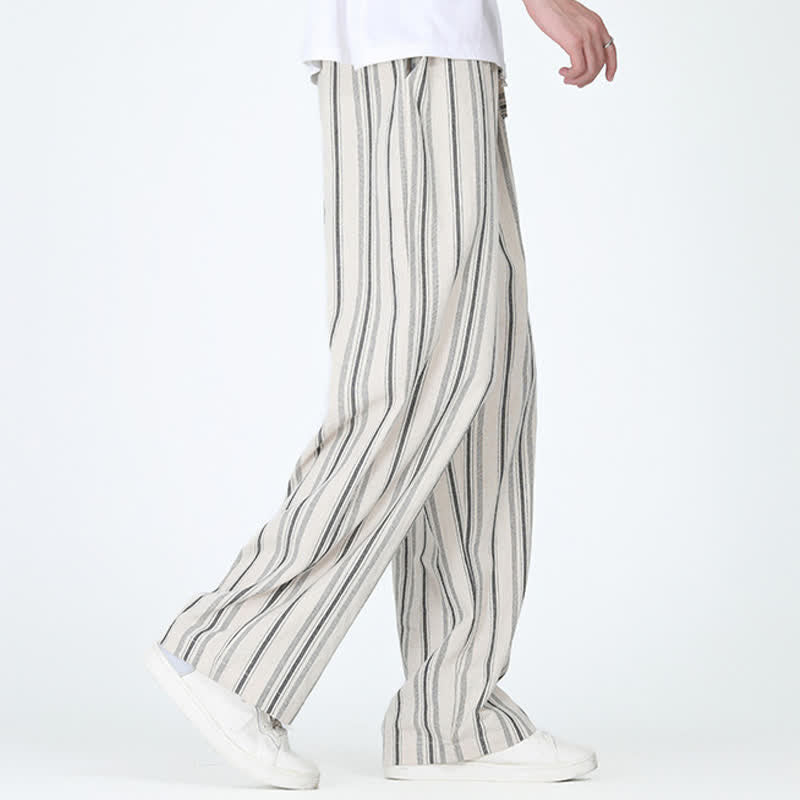 Buddha Stones Pantalon homme décontracté printemps-été, rayures verticales, coupe cheville, cordon de serrage, avec poches - image 12