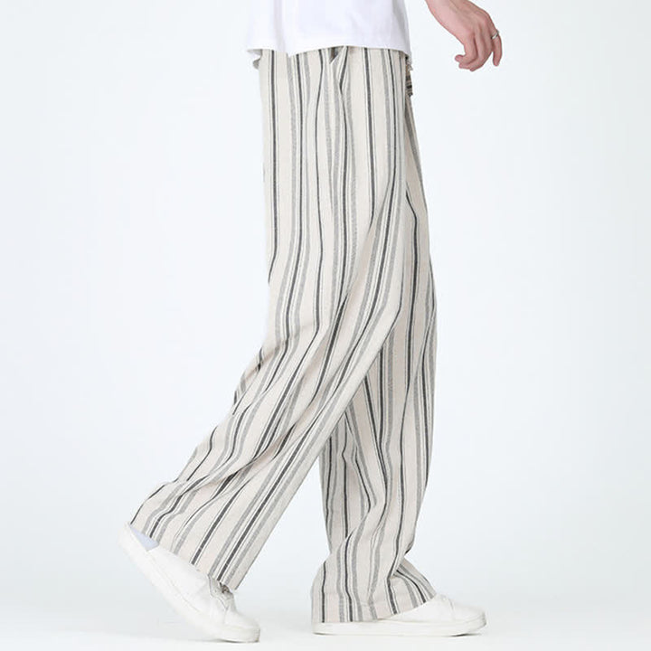 Buddha Stones Pantalon homme décontracté printemps-été, rayures verticales, coupe cheville, cordon de serrage, avec poches - image 12