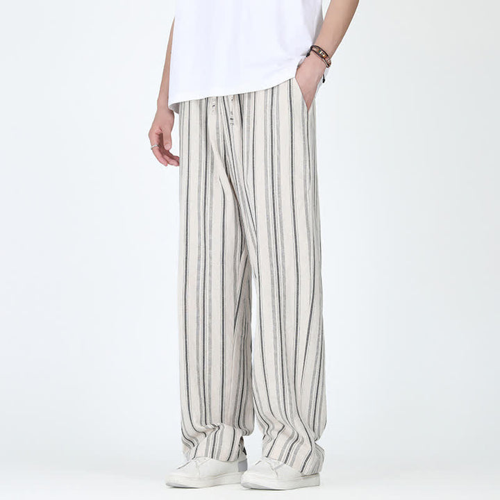 Buddha Stones Pantalon homme décontracté printemps-été, rayures verticales, coupe cheville, cordon de serrage, avec poches - Lin - US/UK/AU46，EU56 (5XL) - image 10