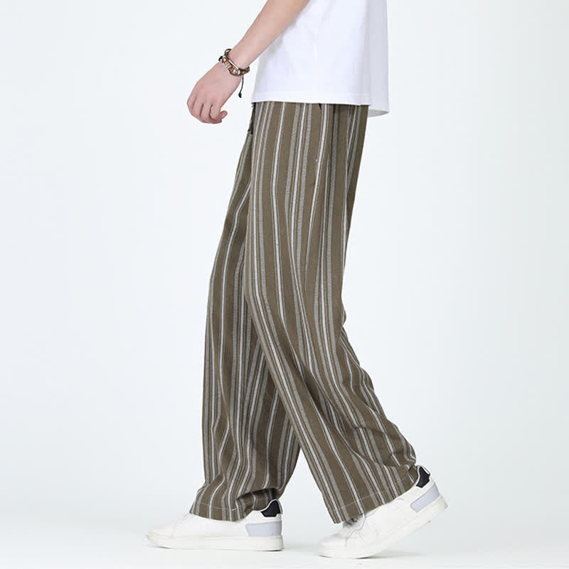 Buddha Stones Pantalon homme décontracté printemps-été, rayures verticales, coupe cheville, cordon de serrage, avec poches - image 2