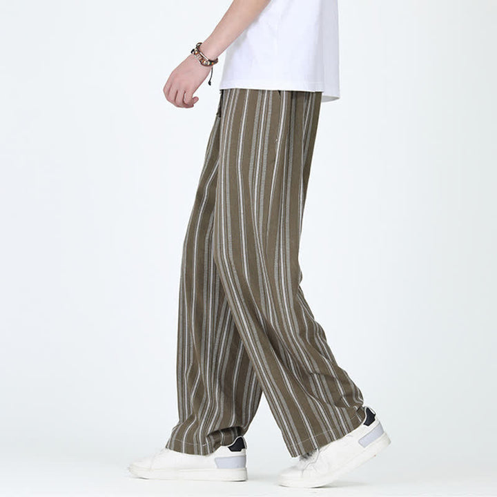 Buddha Stones Pantalon homme décontracté printemps-été, rayures verticales, coupe cheville, cordon de serrage, avec poches - image 2