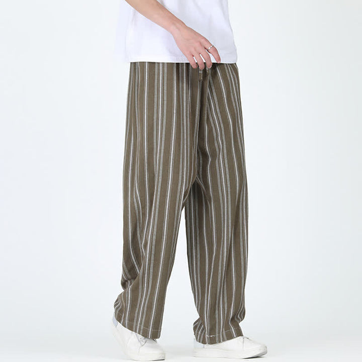 Buddha Stones Pantalon homme décontracté printemps-été, rayures verticales, coupe cheville, cordon de serrage, avec poches - image 1