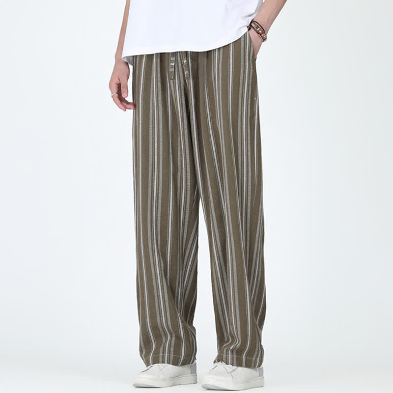 Buddha Stones Pantalon homme décontracté printemps-été, rayures verticales, coupe cheville, cordon de serrage, avec poches - Vert olive foncé - US/UK/AU46，EU56 (5XL) - image 0