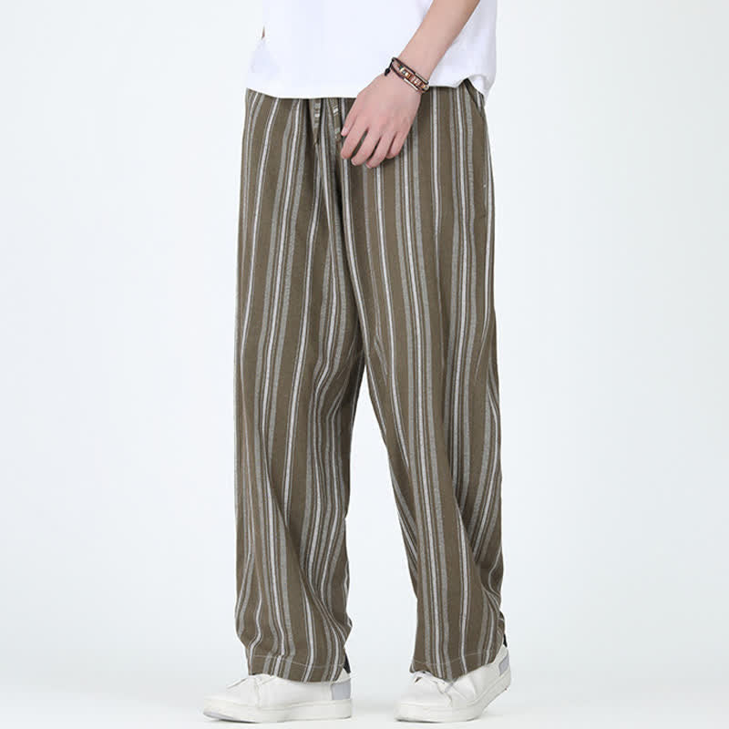Buddha Stones Pantalon homme décontracté printemps-été, rayures verticales, coupe cheville, cordon de serrage, avec poches - image 5
