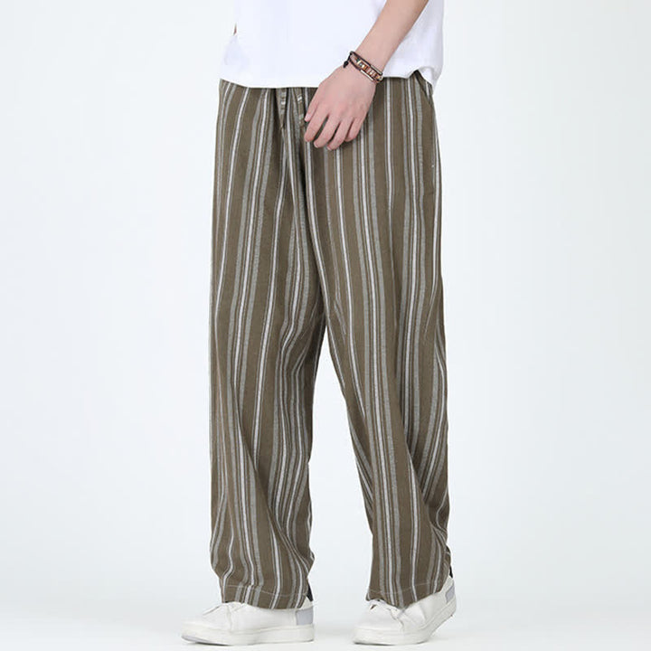 Buddha Stones Pantalon homme décontracté printemps-été, rayures verticales, coupe cheville, cordon de serrage, avec poches - image 5