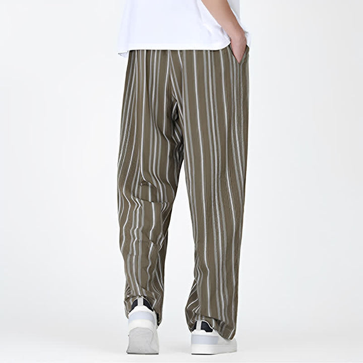 Buddha Stones Pantalon homme décontracté printemps-été, rayures verticales, coupe cheville, cordon de serrage, avec poches - image 4