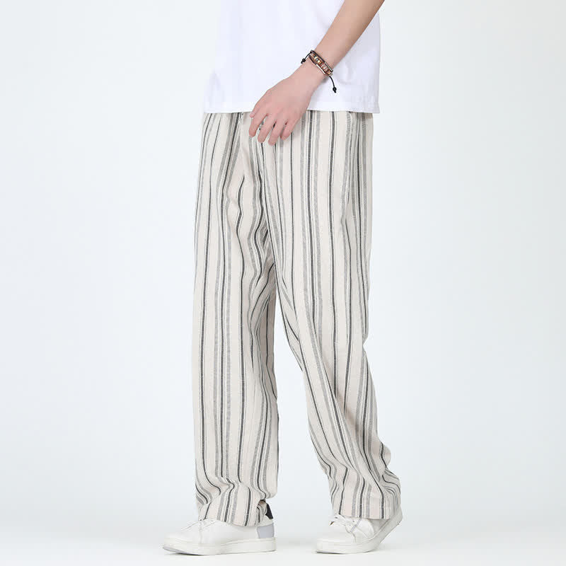Buddha Stones Pantalon homme décontracté printemps-été, rayures verticales, coupe cheville, cordon de serrage, avec poches - image 14