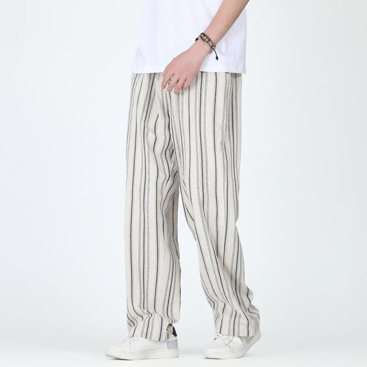 Buddha Stones Pantalon homme décontracté printemps-été, rayures verticales, coupe cheville, cordon de serrage, avec poches - image 14