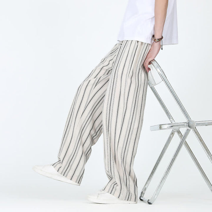 Buddha Stones Pantalon homme décontracté printemps-été, rayures verticales, coupe cheville, cordon de serrage, avec poches - image 16