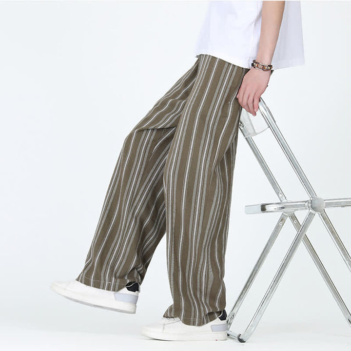 Buddha Stones Pantalon homme décontracté printemps-été, rayures verticales, coupe cheville, cordon de serrage, avec poches - image 6