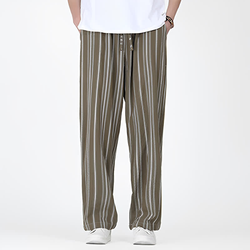 Buddha Stones Pantalon homme décontracté printemps-été, rayures verticales, coupe cheville, cordon de serrage, avec poches - image 3