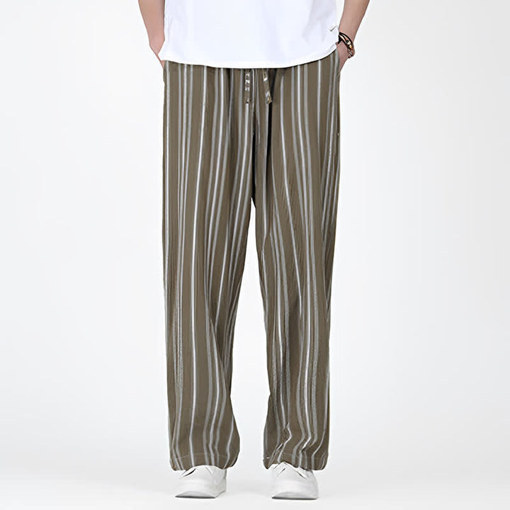 Buddha Stones Pantalon homme décontracté printemps-été, rayures verticales, coupe cheville, cordon de serrage, avec poches - image 3