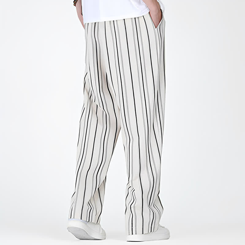 Buddha Stones Pantalon homme décontracté printemps-été, rayures verticales, coupe cheville, cordon de serrage, avec poches - image 13