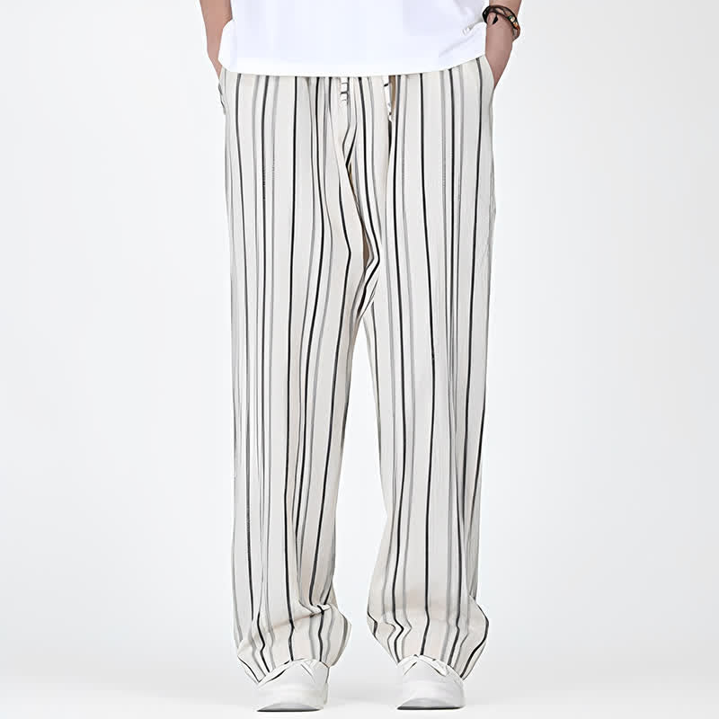 Buddha Stones Pantalon homme décontracté printemps-été, rayures verticales, coupe cheville, cordon de serrage, avec poches - image 15