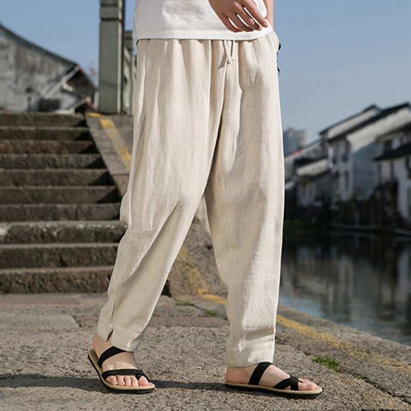 Buddha Stones Pantalon harem minimaliste décontracté printemps-été en ramie unie à cordon de serrage et poches - image 1