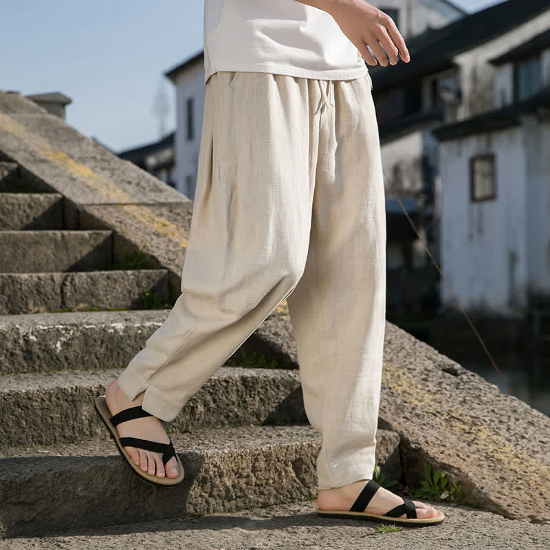 Buddha Stones Pantalon harem minimaliste décontracté printemps-été en ramie unie à cordon de serrage et poches - Blanc antique - US/UK/AU44，EU54 (4XL) - image 0