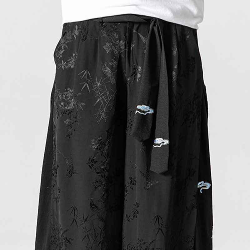 Buddha Stones Pantalon court à jambes larges pour homme, style Tang, avec cordon de serrage, broderie abstraite et poches, idéal pour le printemps et l'été. - image 9