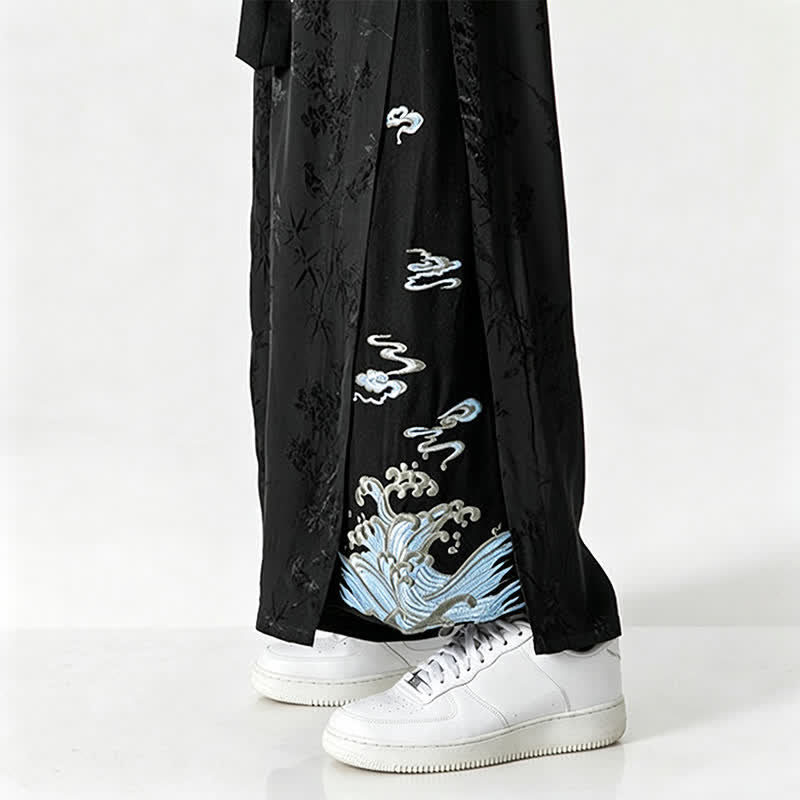 Buddha Stones Pantalon court à jambes larges pour homme, style Tang, avec cordon de serrage, broderie abstraite et poches, idéal pour le printemps et l'été. - image 11