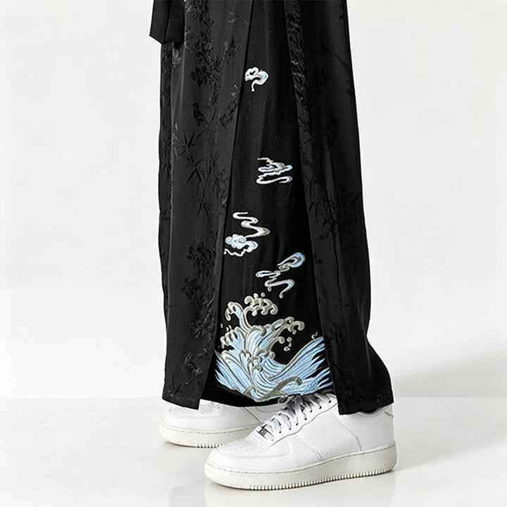 Buddha Stones Pantalon court à jambes larges pour homme, style Tang, avec cordon de serrage, broderie abstraite et poches, idéal pour le printemps et l'été. - image 11