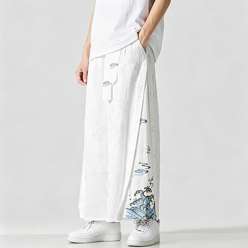 Buddha Stones Pantalon court à jambes larges pour homme, style Tang, avec cordon de serrage, broderie abstraite et poches, idéal pour le printemps et l'été. - image 16
