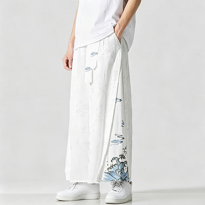 Buddha Stones Pantalon court à jambes larges pour homme, style Tang, avec cordon de serrage, broderie abstraite et poches, idéal pour le printemps et l'été. - image 16