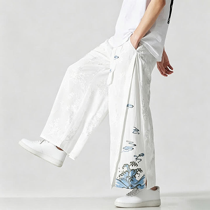 Buddha Stones Pantalon court à jambes larges pour homme, style Tang, avec cordon de serrage, broderie abstraite et poches, idéal pour le printemps et l'été. - image 20