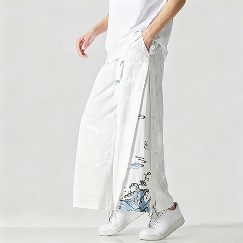 Buddha Stones Pantalon court à jambes larges pour homme, style Tang, avec cordon de serrage, broderie abstraite et poches, idéal pour le printemps et l'été. - image 18