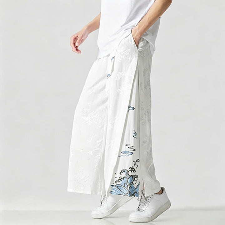 Buddha Stones Pantalon court à jambes larges pour homme, style Tang, avec cordon de serrage, broderie abstraite et poches, idéal pour le printemps et l'été. - image 18