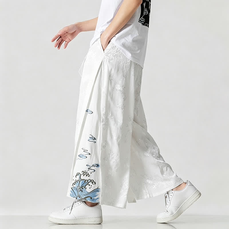Buddha Stones Pantalon court à jambes larges pour homme, style Tang, avec cordon de serrage, broderie abstraite et poches, idéal pour le printemps et l'été. - image 17