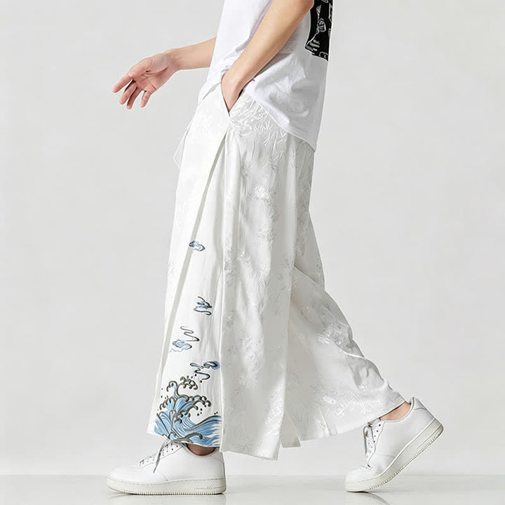 Buddha Stones Pantalon court à jambes larges pour homme, style Tang, avec cordon de serrage, broderie abstraite et poches, idéal pour le printemps et l'été. - image 17