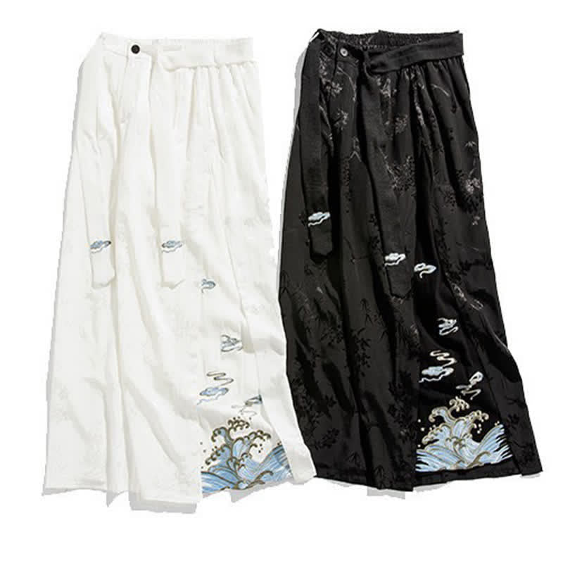 Buddha Stones Pantalon court à jambes larges pour homme, style Tang, avec cordon de serrage, broderie abstraite et poches, idéal pour le printemps et l'été. - image 21