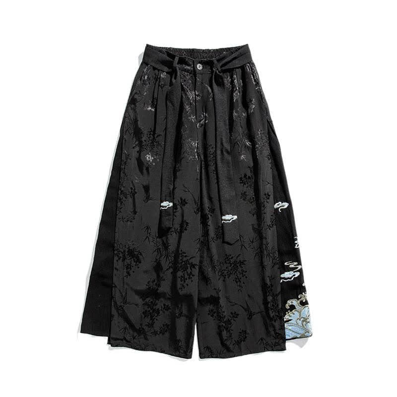 Buddha Stones Pantalon court à jambes larges pour homme, style Tang, avec cordon de serrage, broderie abstraite et poches, idéal pour le printemps et l'été. - image 7