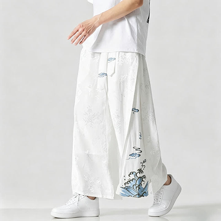 Buddha Stones Pantalon court à jambes larges pour homme, style Tang, avec cordon de serrage, broderie abstraite et poches, idéal pour le printemps et l'été. - image 14