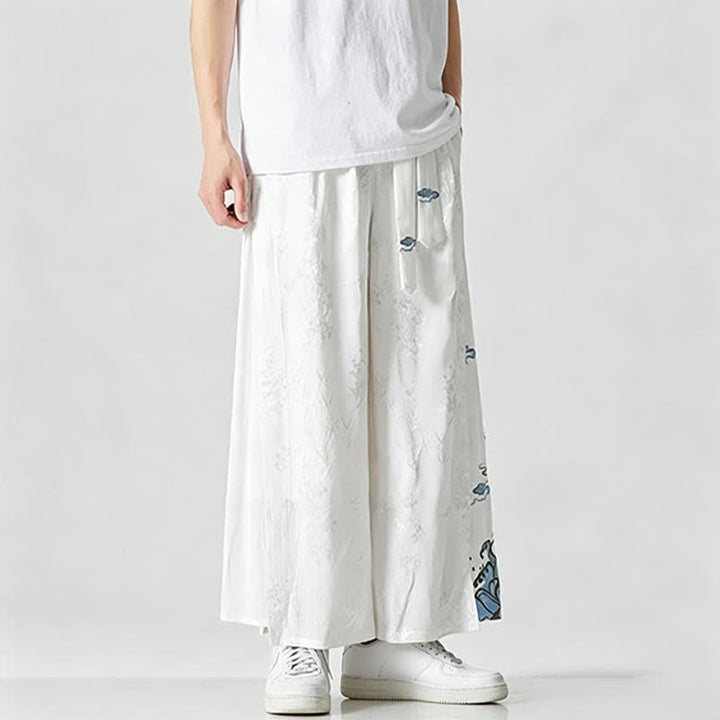 Buddha Stones Pantalon court à jambes larges pour homme, style Tang, avec cordon de serrage, broderie abstraite et poches, idéal pour le printemps et l'été. - image 19
