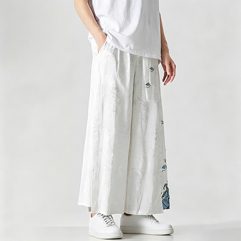 Buddha Stones Pantalon court à jambes larges pour homme, style Tang, avec cordon de serrage, broderie abstraite et poches, idéal pour le printemps et l'été. - image 13