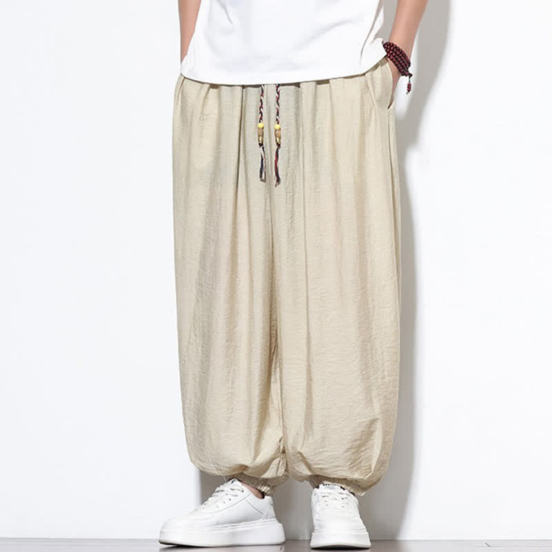 Buddha Stones Pantalon sarouel d'été bohème décontracté à cordon de serrage, uni, court, avec poches - image 4