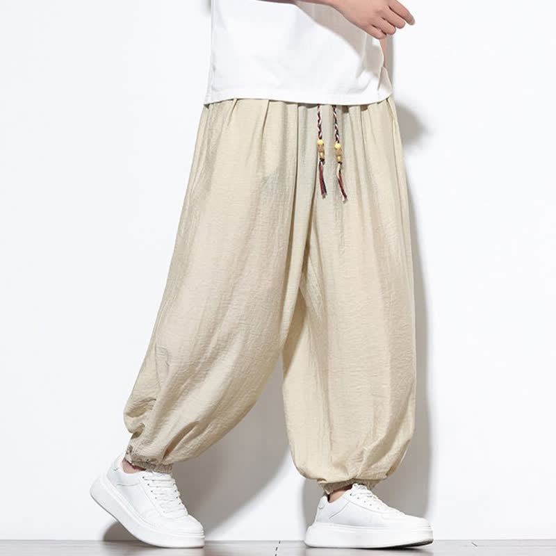 Buddha Stones Pantalon sarouel d'été bohème décontracté à cordon de serrage, uni, court, avec poches - image 2