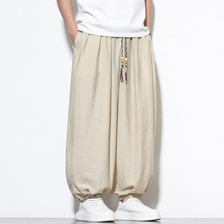 Buddha Stones Pantalon sarouel d'été bohème décontracté à cordon de serrage, uni, court, avec poches - image 1