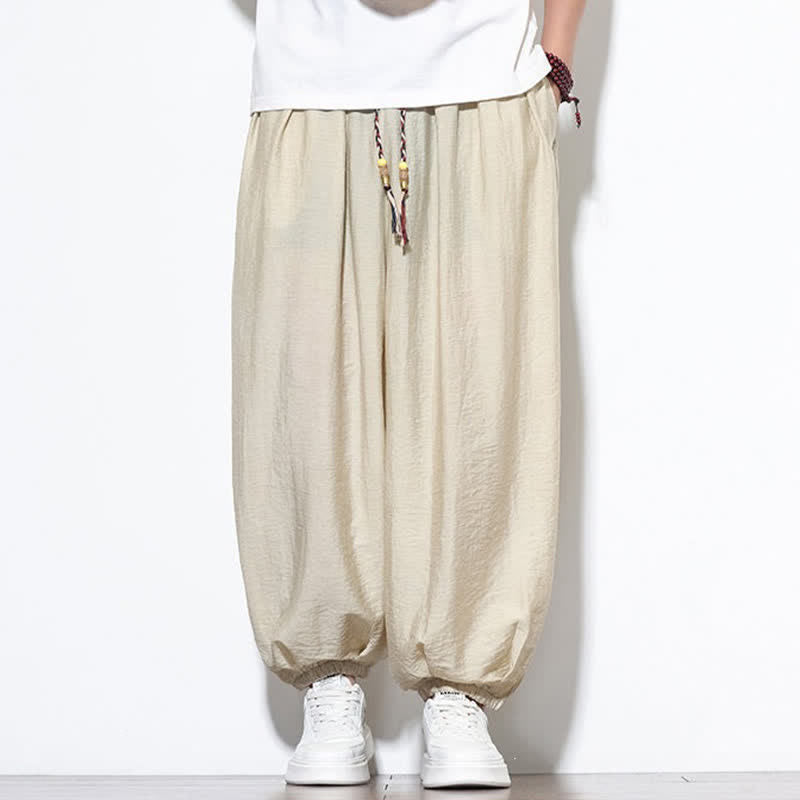 Buddha Stones Pantalon sarouel d'été bohème décontracté à cordon de serrage, uni, court, avec poches - image 6